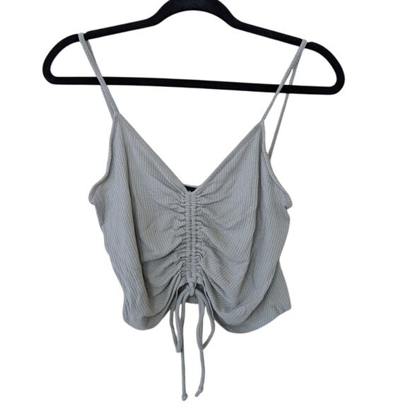 Liz & Sara Ruched Drawstring Crop Top Sleeveless V-Neck Ribbed Knit Gray Size XL - Picture 1 of 5